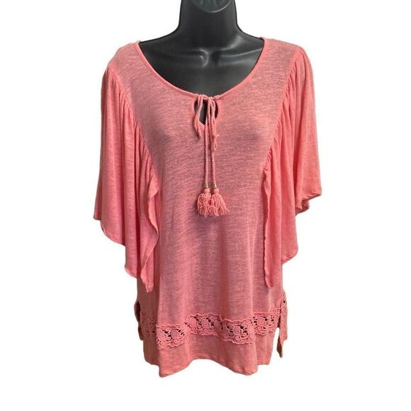 CUPIO Women’s Coral Peach Linen Blend Embroidered Boho Gypsy Top Size Medium - Picture 1 of 9
